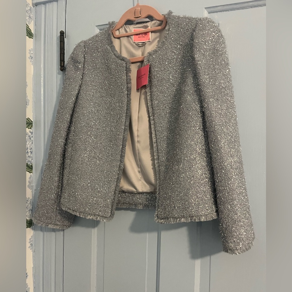 Elegant Silver Gray Shimmery Fringe Tweed Jacket